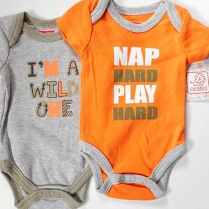 2 NWT Newborn 0-3 Mo Baby Romper Nap Play Hard I'm A Wild One Gray Orange Infant
